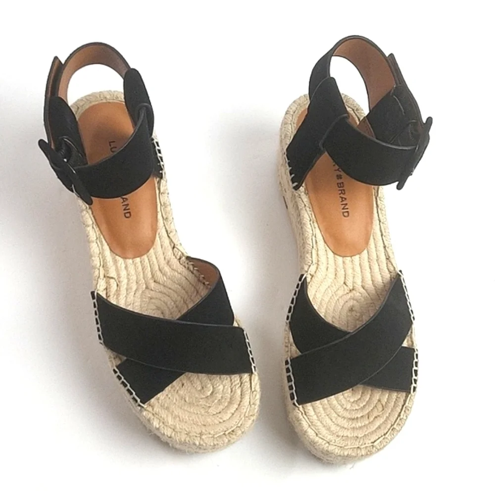 Lucky Brand Audrinah Black Suede Leather Ankle Strap Platform Espadrille… - Picture 10 of 16